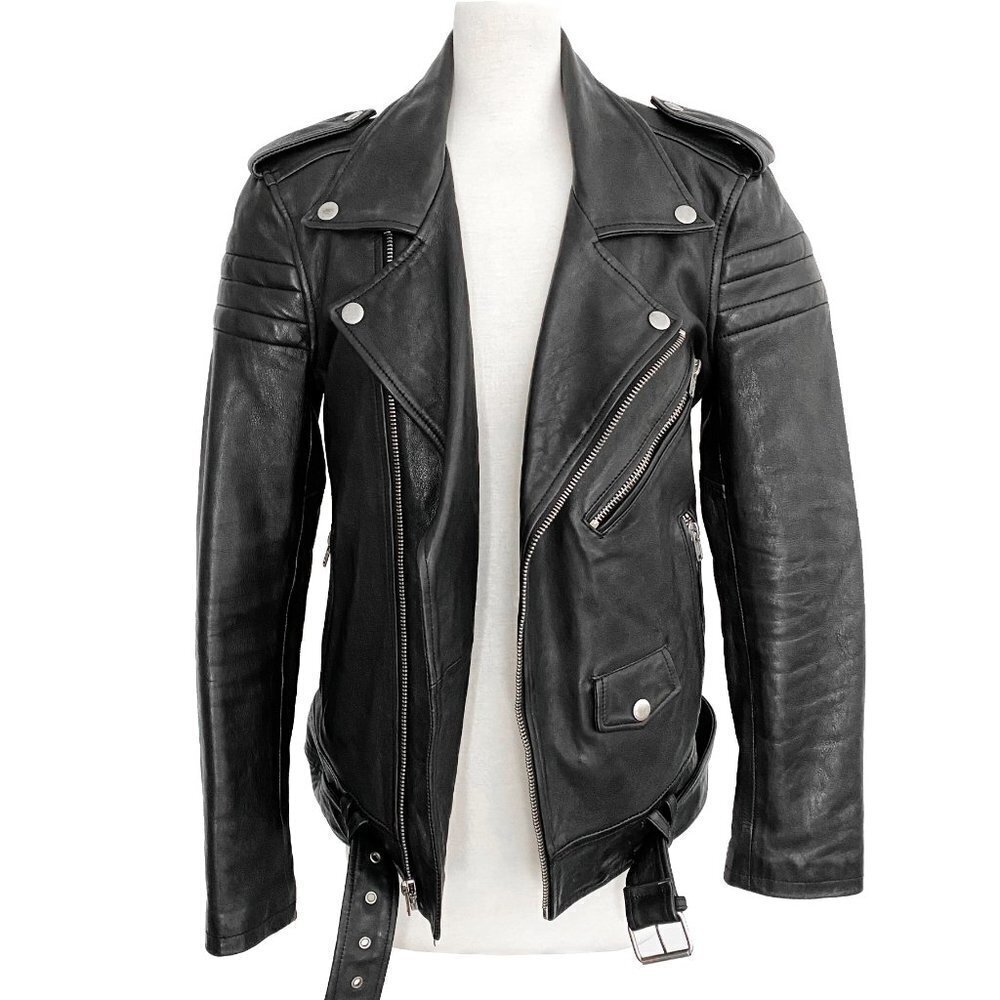 BLK DNM Motorcycle Biker‎ Black Leather Belted Zipper Detail Jacket